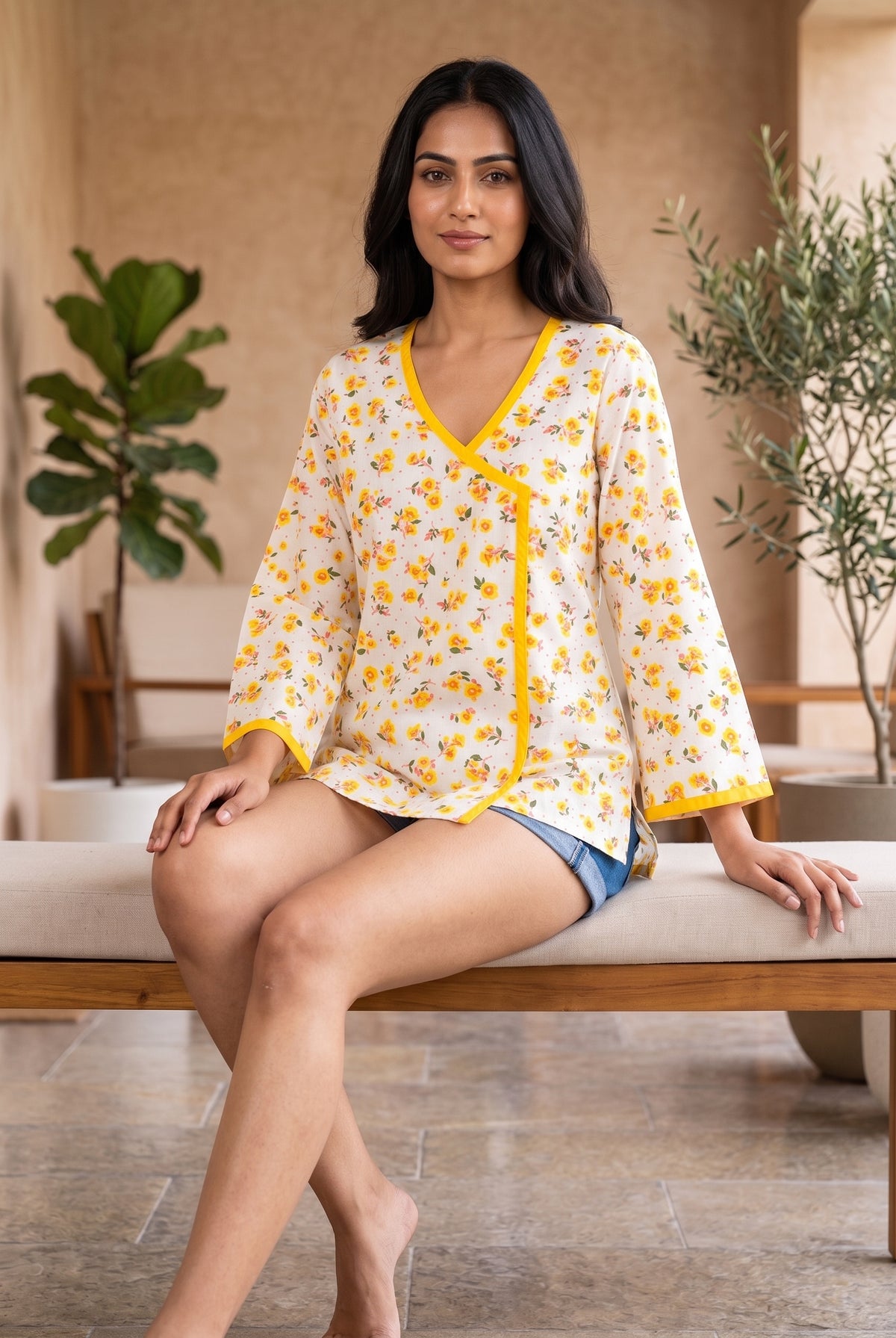 Yellow Floral Angrakha short-Kurti